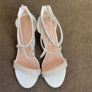 White and silver rhinestone heels